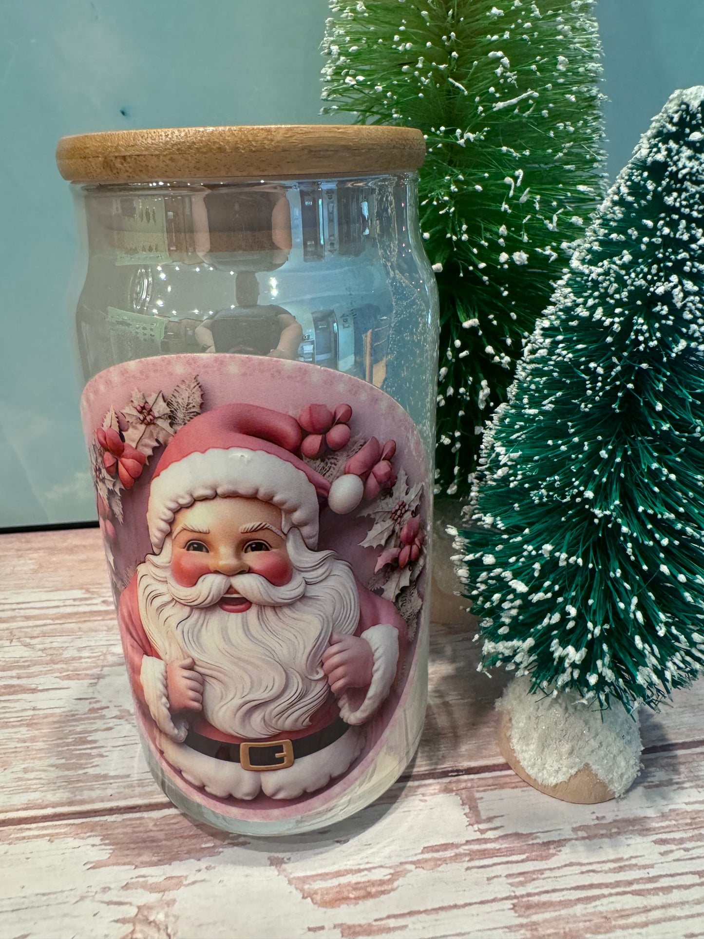 3D Pink Santa Iridescent Glass Can Cup