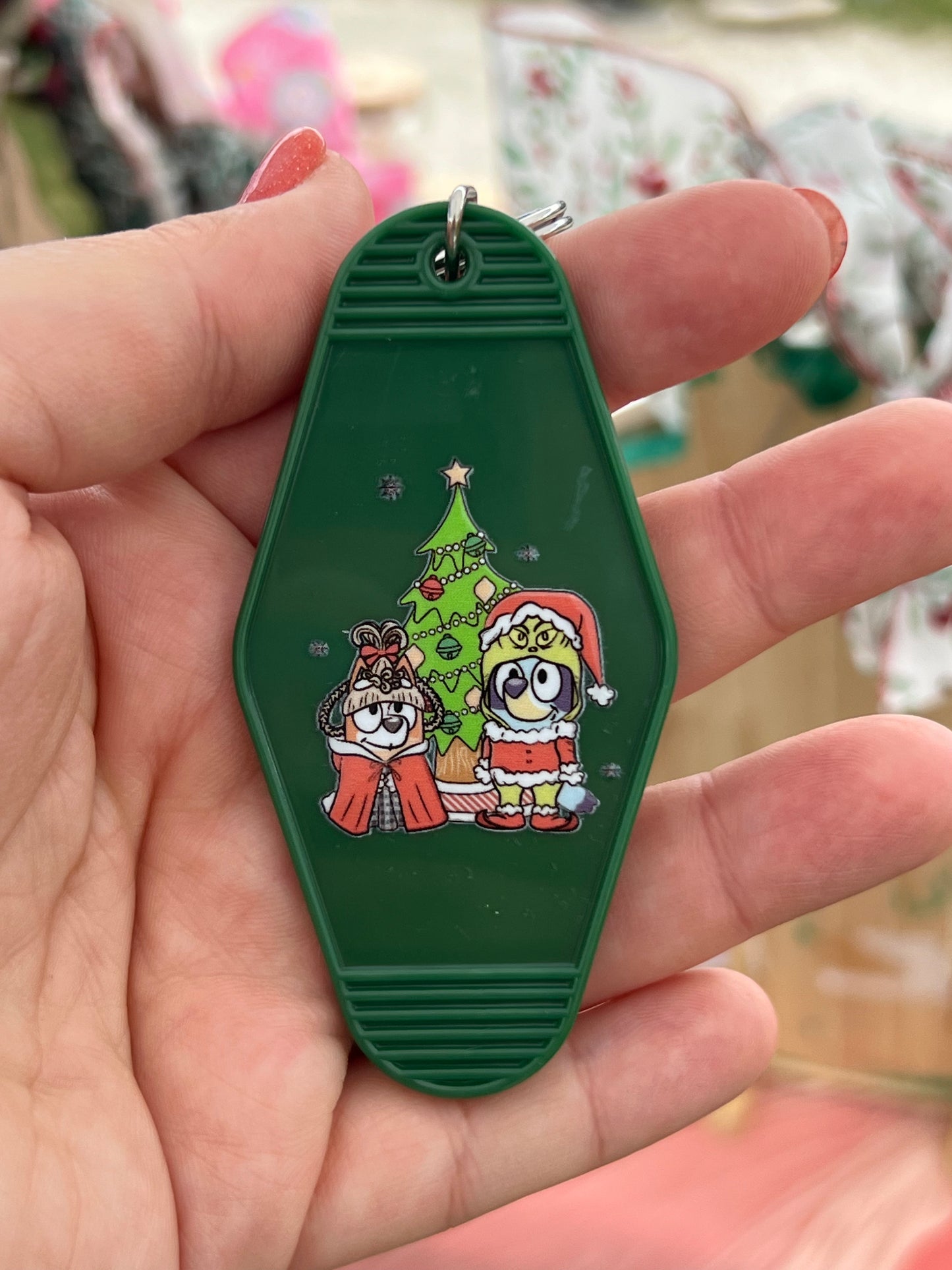 Grinchy Bluey and Bingo Motel Keychain