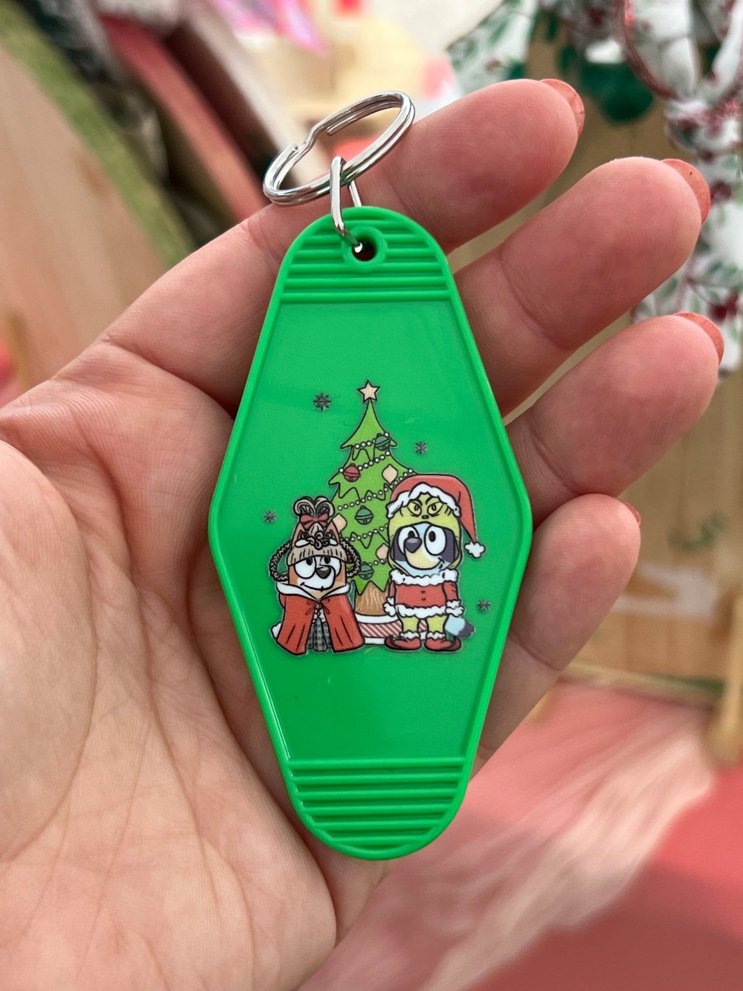 Grinchy Bluey and Bingo Motel Keychain