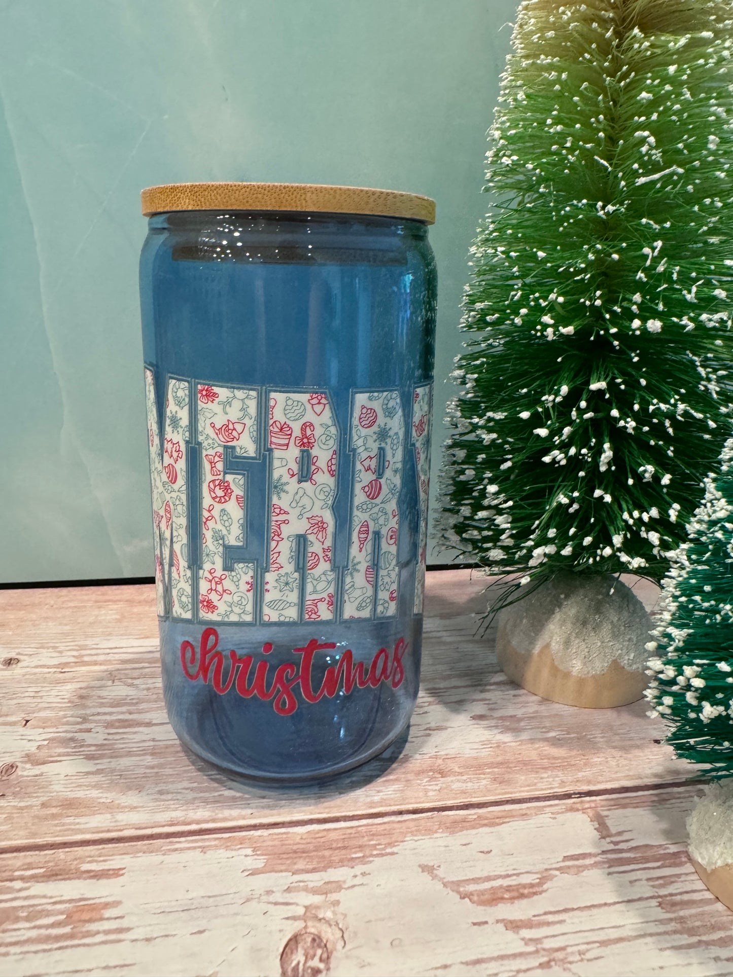 Blue Glass Merry Christmas Beer Can