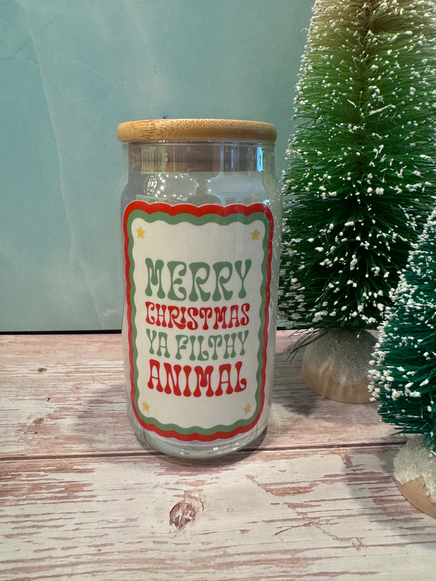 Merry XMas Ya Filthy Animal Iridescent Glass Beer Can Cup