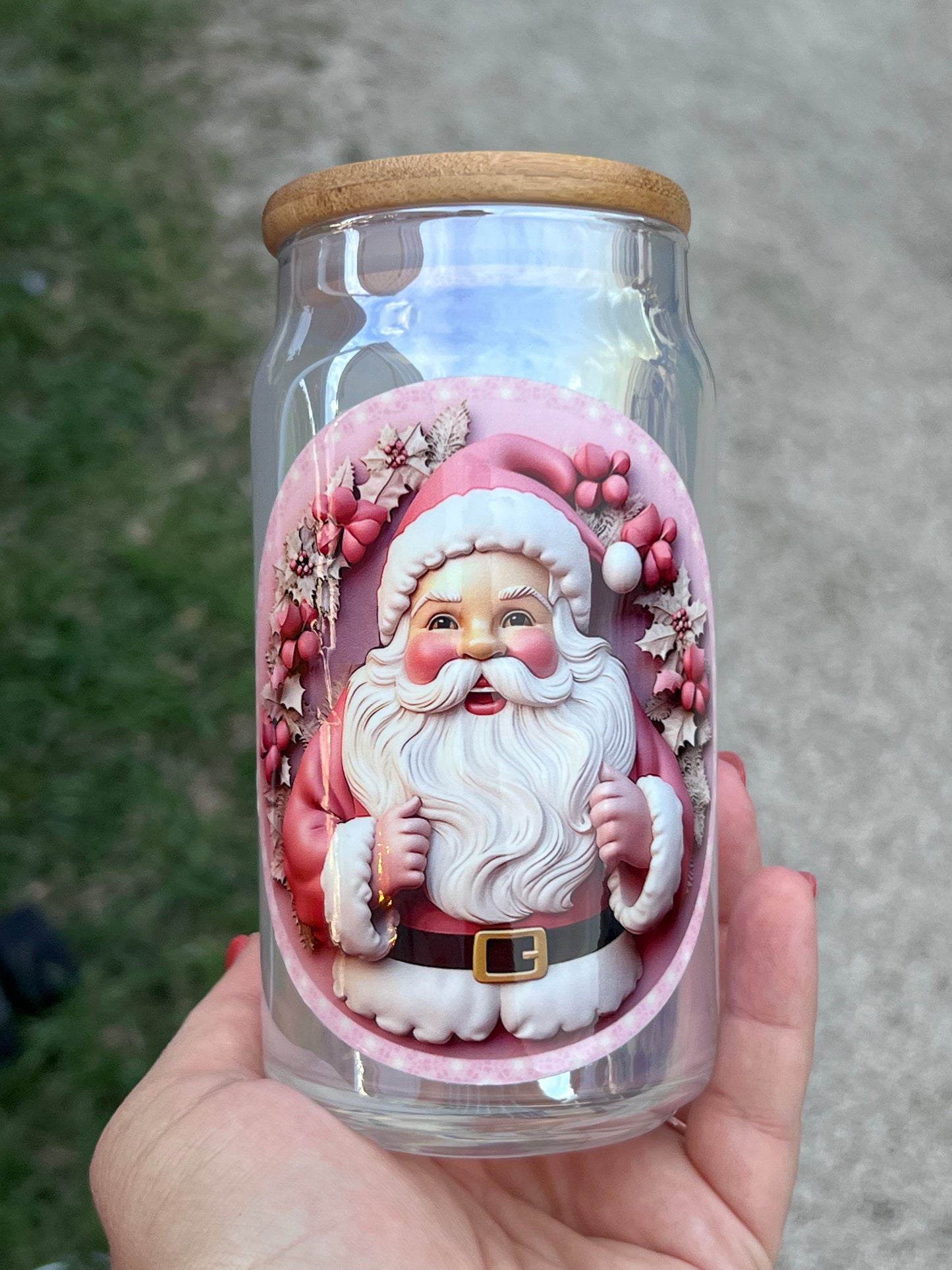 3D Pink Santa Iridescent Glass Can Cup